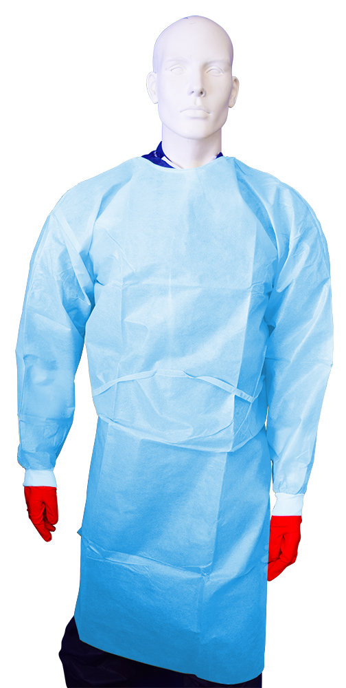 Mediflex impervious disposable isolation gown in light blue worn by mannequin with red gloves